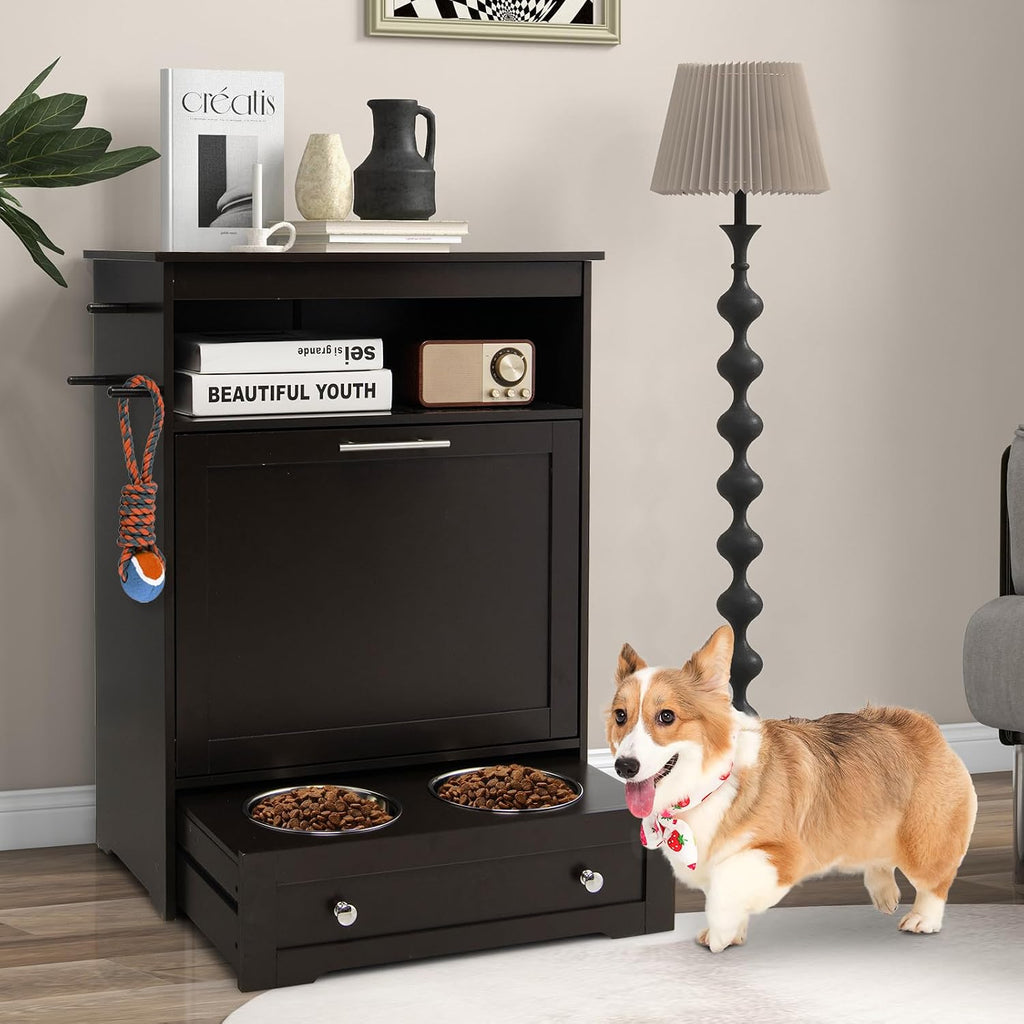 PETSITE Dog Feeding Station with Storage and 2 Elevated Bowls, Modern Dog Food Cabinet with 3 Side Hangers and Tilt-Out Storage Cabinet (Brown)