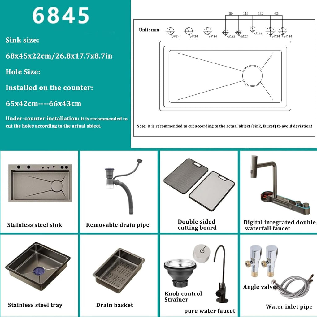 304 Stainless Steel Sink,Multi-Function Kitchen Sink,Single-Bowl Sink Waterfall Faucet Complete Accessories for Bar Restaurant Hotel Home (Dark Grey-68X45X22CM