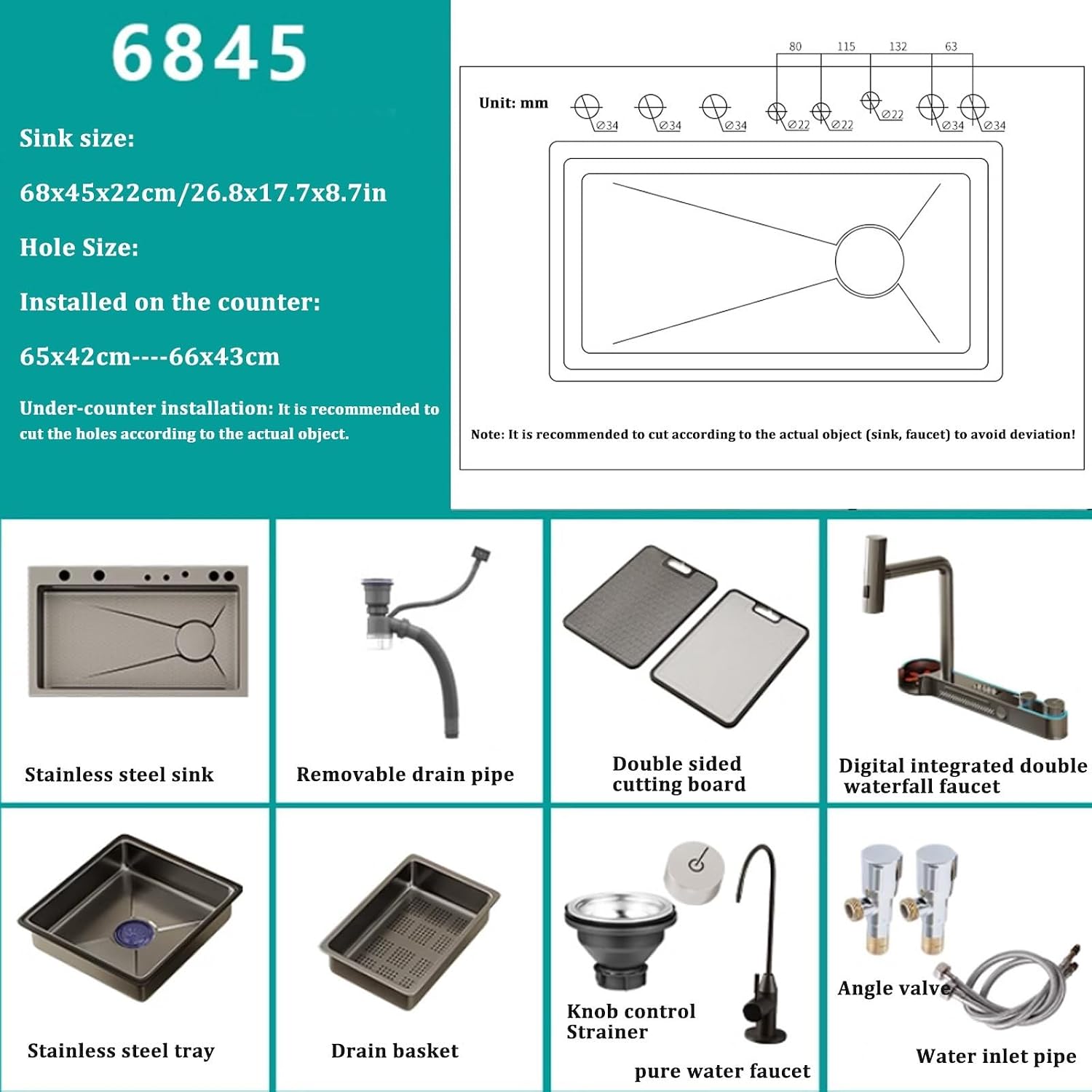 304 Stainless Steel Sink,Multi-Function Kitchen Sink,Single-Bowl Sink Waterfall Faucet Complete Accessories for Bar Restaurant Hotel Home (Dark Grey-68X45X22CM