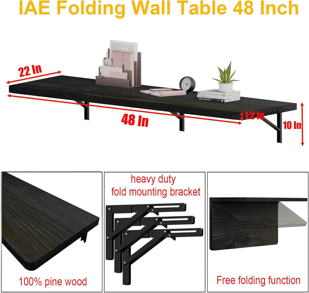 IAE Floating Wall Mounted Folding Table Desk with Pine Wood,48' x 22' Folding Workbench,Fold Down wall Mounted Foldable Desk with Shelf Brackets,Laundry Table for Home,Dining,Office,Kitchen,Black