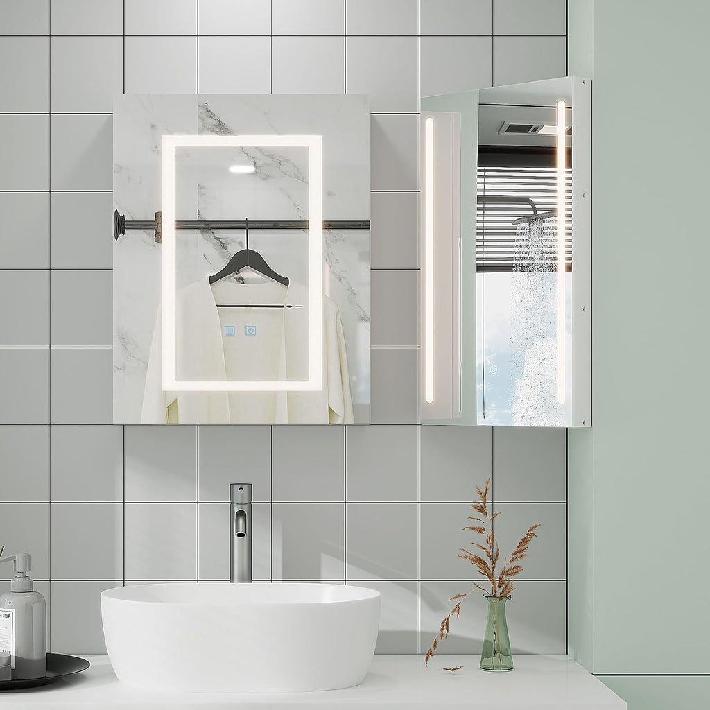 Corner Medicine Cabinet Mirror with Lights,Lighted Medicine Cabinet with Mirror,Led Mirror Cabinet for Bathroom,16x 24 Small Corner Wall Cabinet,White