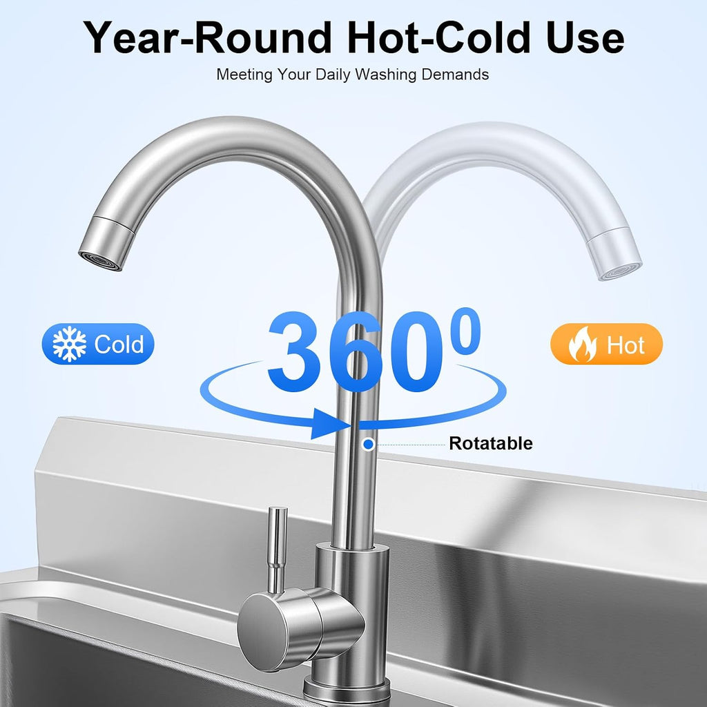 Stainless Steel Sink Single Bowl Commercial Utility Sink Free Standing Kitchen Sinks with Cold and Hot Water Faucets for Kitchens, Garage, Laundry Room (31.5' W x 23.6' D x 36.6' H)