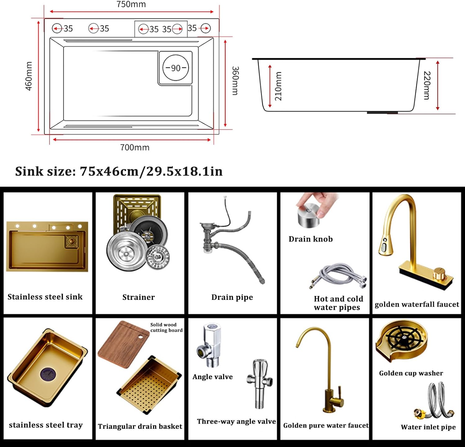 Golden Waterfall Sink Stainless Steel Sink Golden Waterfall Faucet Recessed Single Bowl Sink Complete Accessories (