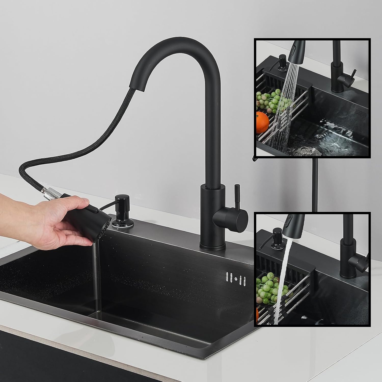 Stainless Steel Kitchen Sink Black, Topmount/Undermount Single Bowl Farmhouse Workstation Sink with Drainer and Full Fittings Accessories, One Bowl Sinks for Kitchens 75 * 45cm