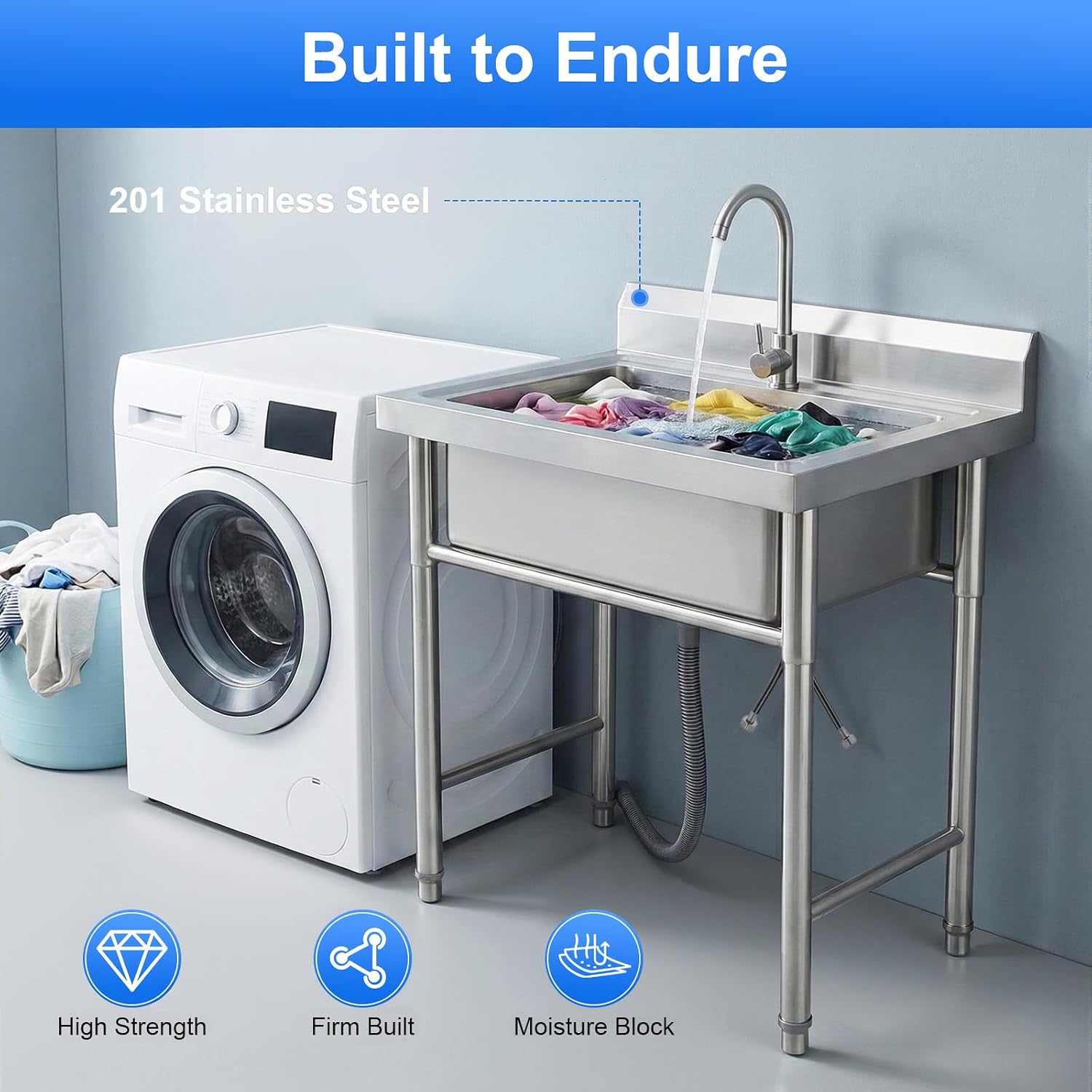 Stainless Steel Sink Single Bowl Commercial Utility Sink Free Standing Kitchen Sinks with Cold and Hot Water Faucets for Kitchens, Garage, Laundry Room (31.5' W x 23.6' D x 36.6' H)