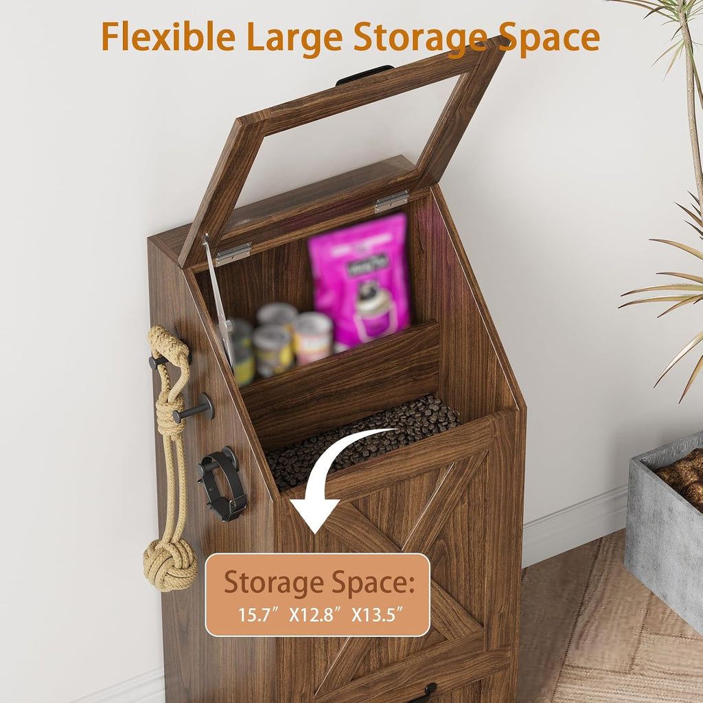 Dog Feeding Station with Storage,Wooden Pet Food Storage Cabinet,Equipped with 2 High Footed Bowls and 3 Hooks,Top Glass Flip Cover,Anti Tipping Device (Dog Feeding Station-Walnut)