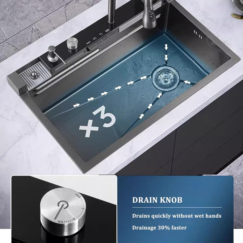 Stainless Steel Sink Black Kitchen Sink Digital Waterfall Faucet Single Bowl Sink with Cup Washer Knob Controlled Drainage (75x46x22cm