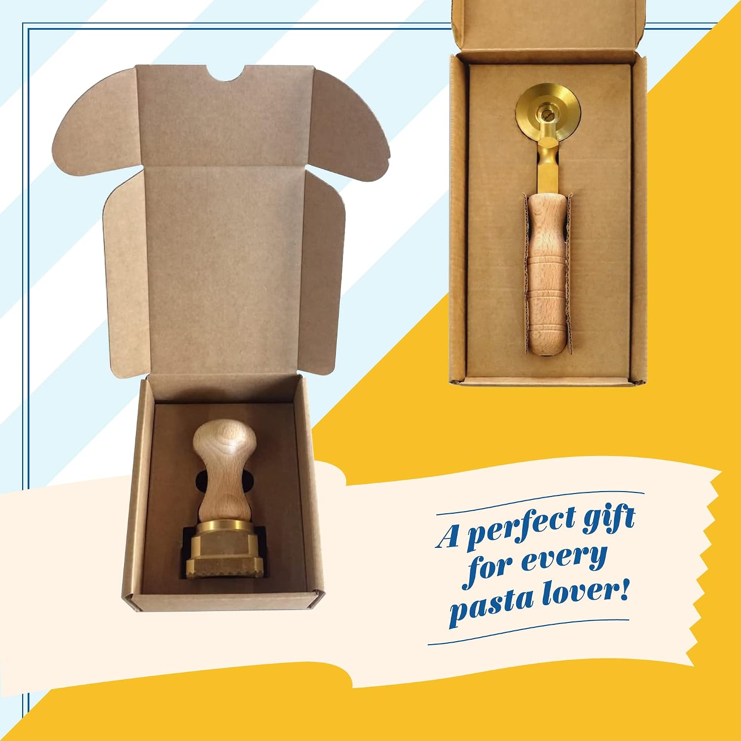 La Gondola Set of 3 Pasta Tools - Square Festooned 1.77x1.77in & Round Festooned 1.97in Ravioli Stamps & Double Pasta Cutter Wheel (Festooned & Smooth) | Brass & Natural Wood | Italian Pasta Cutters