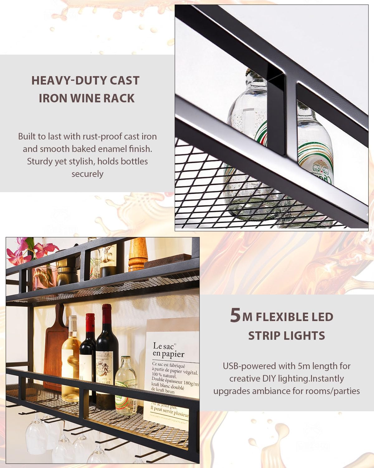 39' Wall Mounted Wine Rack with Bottle Glass Holder, 3-Tiers Metal Bar Shelves for Liquor Bottles with LED Light, Wall Wine Rack for Home, Restaurant, Commercial Bar, Kitchen Storage Display