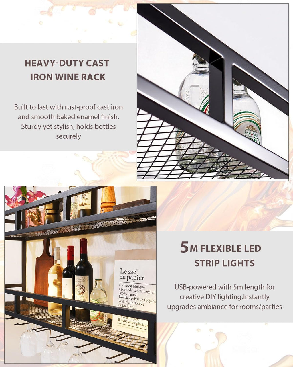59' Large Wine Rack Wall Mounted with Bottle Glass Holder, 3-Tiers Metal Bar Shelves for Liquor Bottles with LED Light, Wall Wine Rack for Home, Restaurant, Commercial Bar, Kitchen Storage Display
