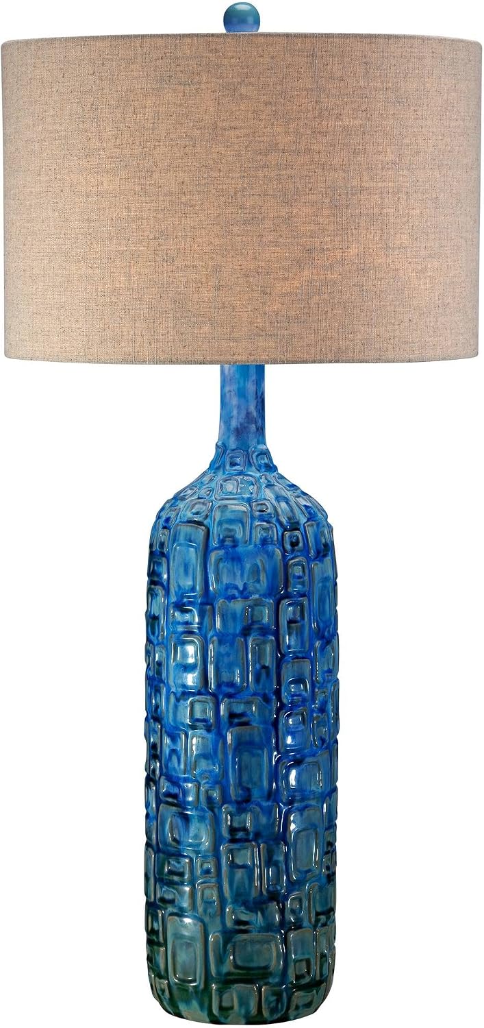 Possini Euro Design Mid Century Modern Style Table Lamp Ceramic Tiled Teal Tall Tan Linen Fabric Drum Shade Decor for Living Room Bedroom House Bedside Home Office Entryway (Colors May Vary)