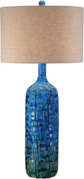 Possini Euro Design Mid Century Modern Style 3-Way Table Lamp with Table Top Dimmer 36' Tall Teal Glaze Ceramic Tan Linen Drum Shade for Living Room Bedroom House Bedside Home (Colors May Vary)