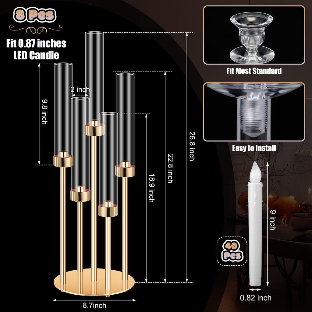 Tandefio 8 Set Gold Candelabra Centerpieces for Tables, 26.8 Inch 5 Arm Candle Holders with LED Candles and Acrylic Cylinders, Tall Acrylic Wedding Table Centerpieces for Reception Dinner Party Decor