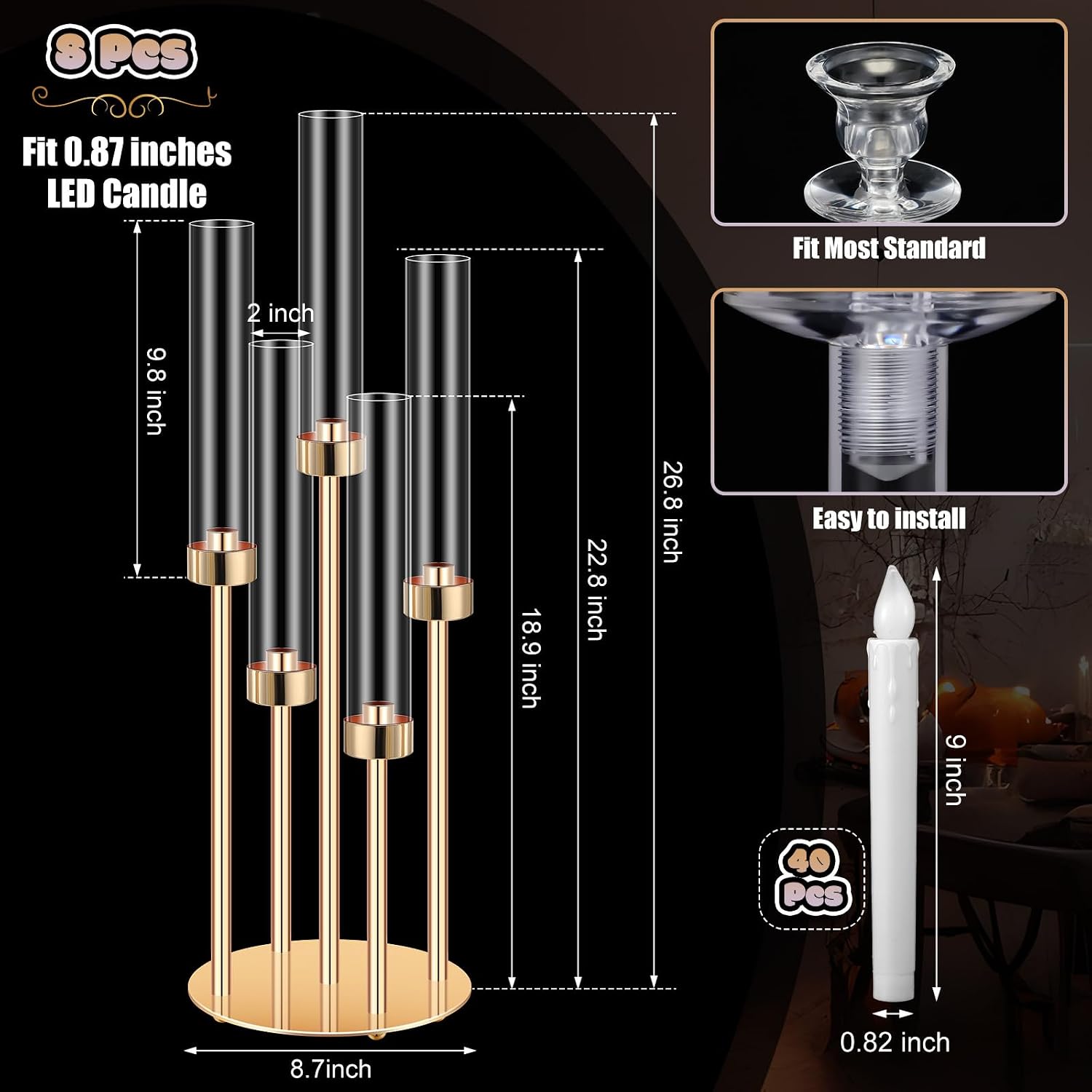 Tandefio 8 Set Gold Candelabra Centerpieces for Tables, 26.8 Inch 5 Arm Candle Holders with LED Candles and Acrylic Cylinders, Tall Acrylic Wedding Table Centerpieces for Reception Dinner Party Decor