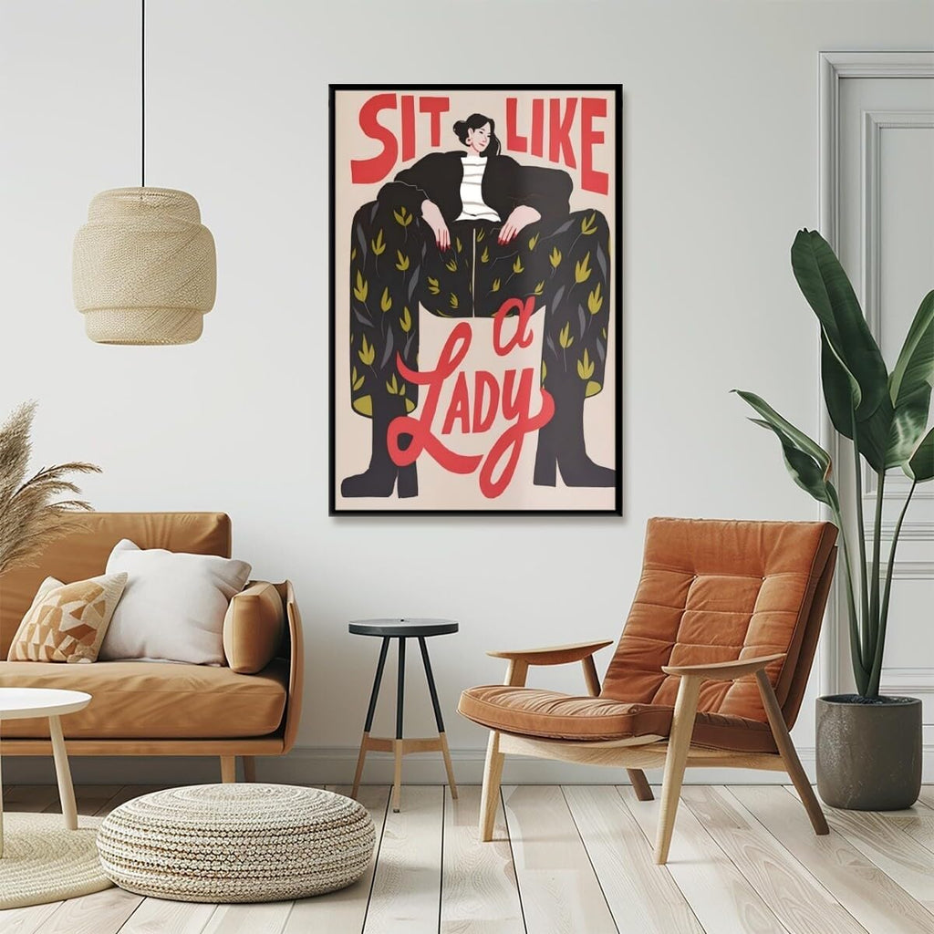 Retro Motivational Feminist Poster Trendy Sit Like a Lady Female Painting Abstract Girl Power Quote Womans Right Inspired Wall Decor for Girls Bedroom Dorm Office 24x36inch Black Aluminum Framed