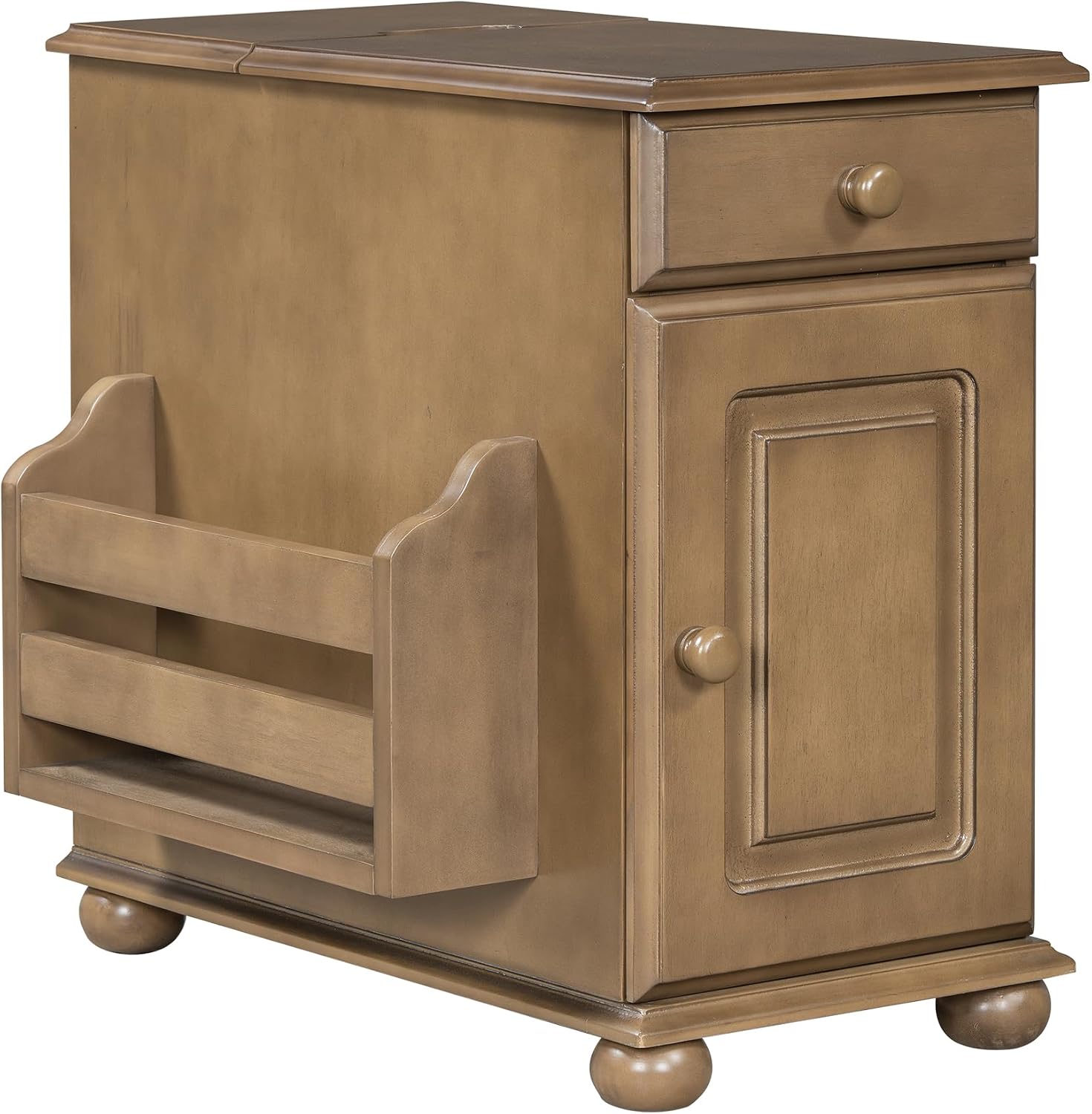 Multifunctional Vintage End Table Flip Top Side Table with USB Ports and 1 Drawer with Cup Holders, Sofa Side Narrow Table Nightstand with Bookshelf for Living Room Bedroom (Brown-5.8)
