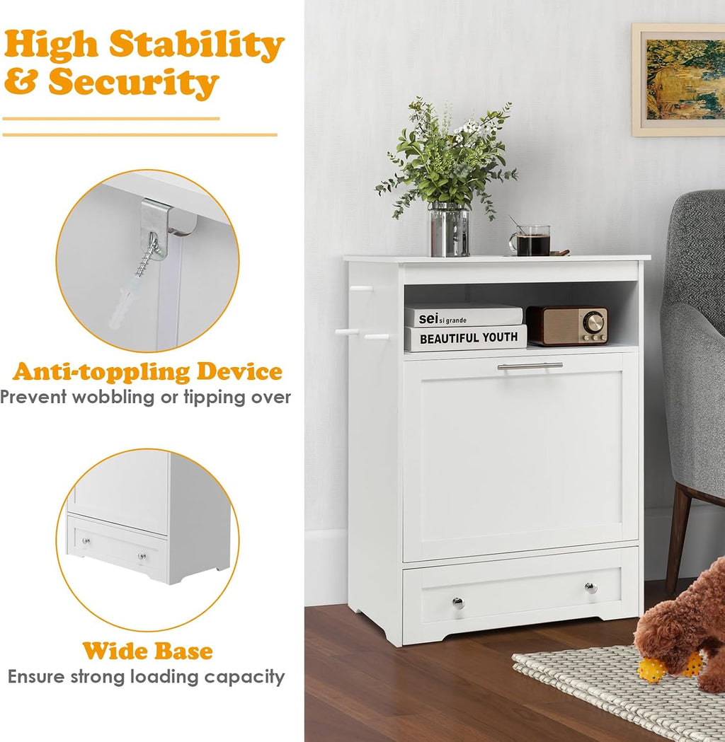PETSITE Dog Feeding Station with Storage and 2 Elevated Bowls, Modern Dog Food Cabinet with 3 Side Hangers and Tilt-Out Storage Cabinet (White)