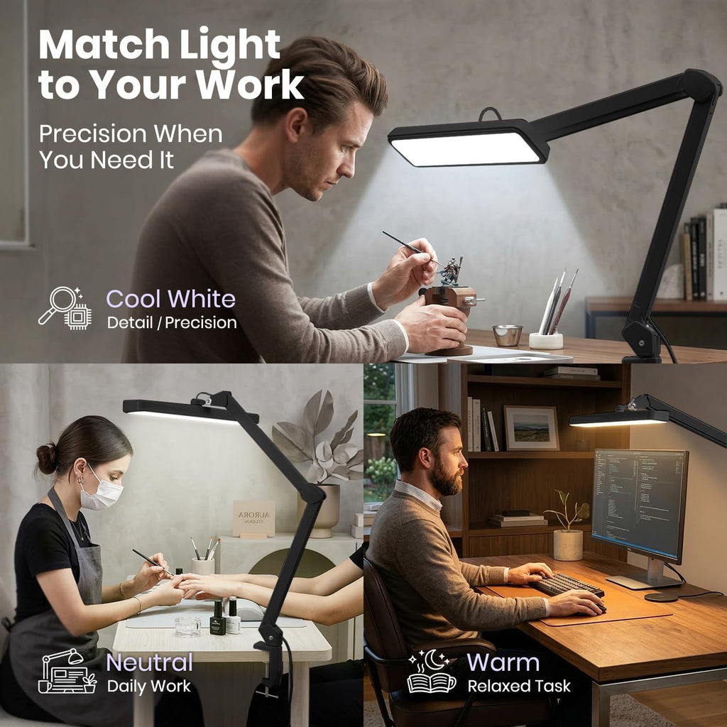 Neatfi XL 2,500 Lumens 30W LED Task Lamp with Clamp | 324 SMD LEDs | CCT | 5 Light Modes | 3000K–6000K | Dimmable | Adjustable Arm with Clamp | Desk Light for Home (Black, 22-Inch Wide Shade)
