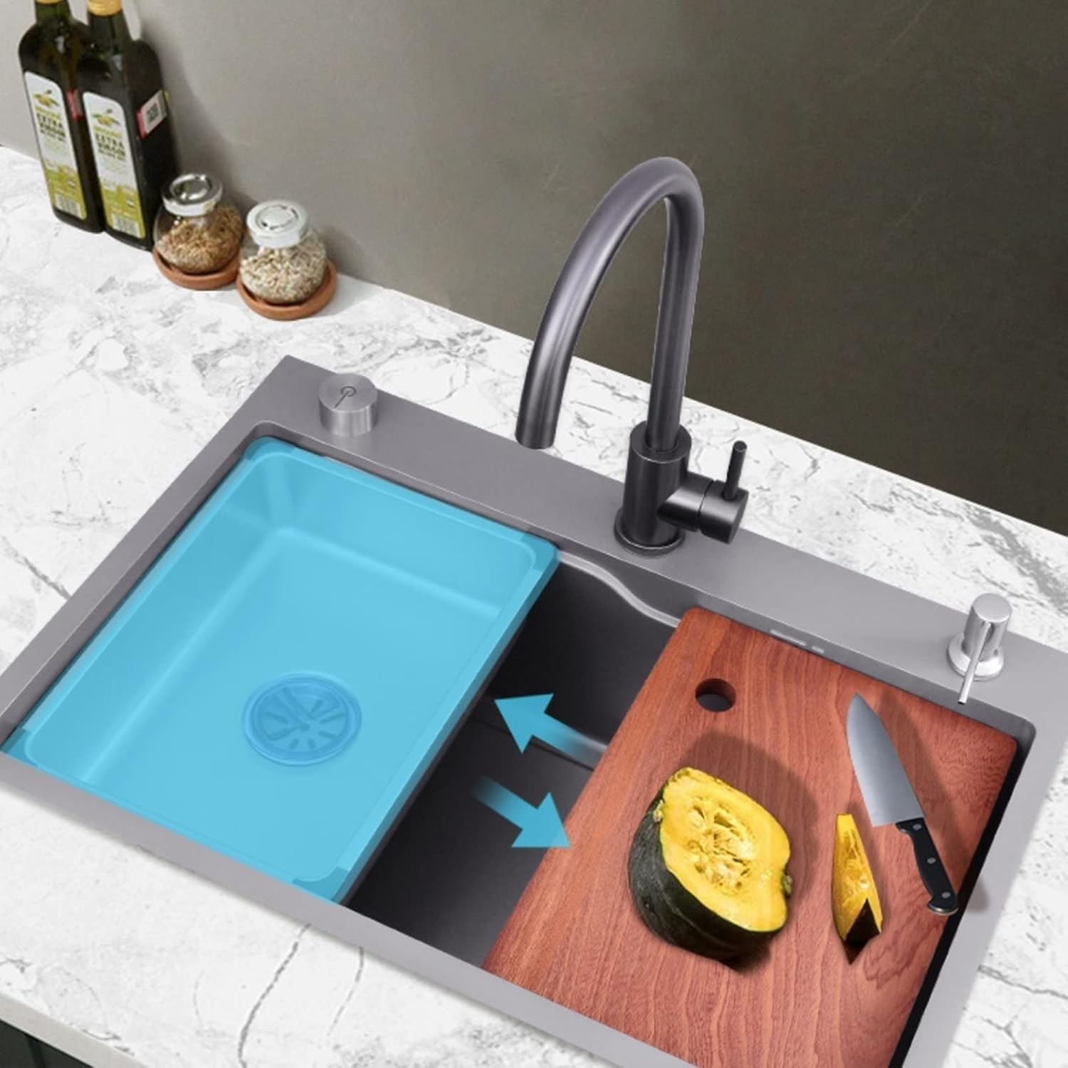 JATIBOSH Kitchen Sink Single Bowl Sink Stainless Steel Workstation with Pull-Out Faucet Dark Grey Kitchen Sink (Size : 68x45CM)