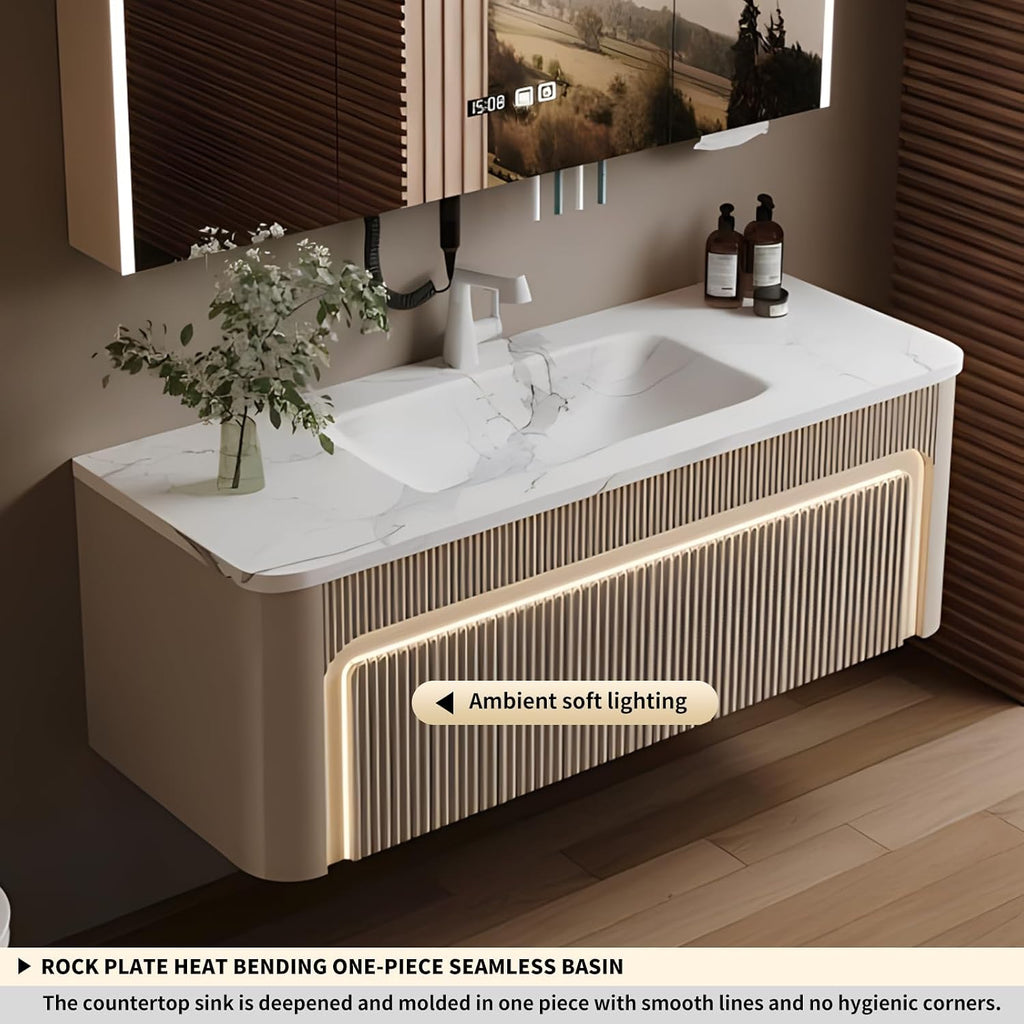 40 inch Bathroom Vanity, Elegant Floating Bathroom Vanity with Sink Smart Defog Mirror Cabinet and LED Strip Light, Solid Wood Modern Bathroom vanities with Large Storage Space,Milk Coffee Color