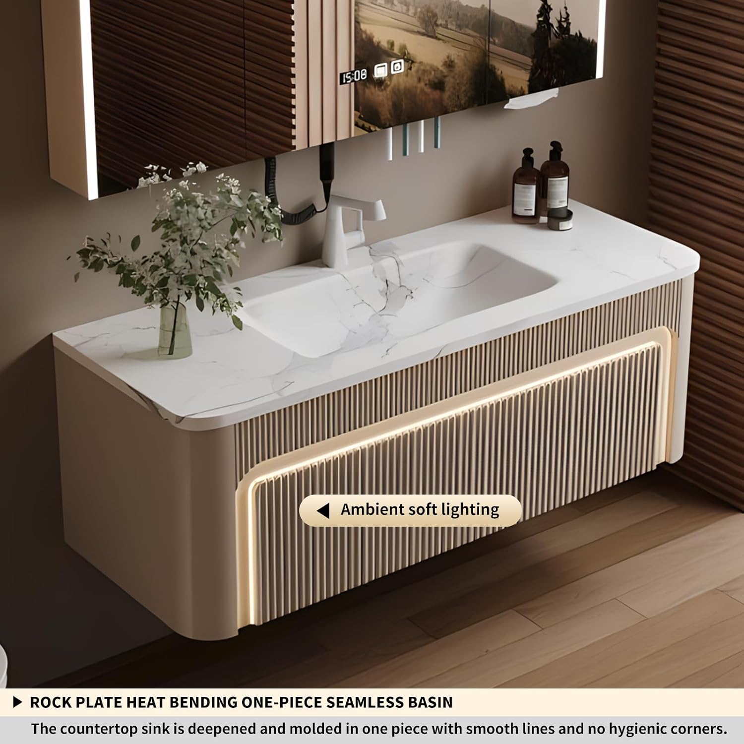 40 inch Bathroom Vanity, Elegant Floating Bathroom Vanity with Sink Smart Defog Mirror Cabinet and LED Strip Light, Solid Wood Modern Bathroom vanities with Large Storage Space,Milk Coffee Color
