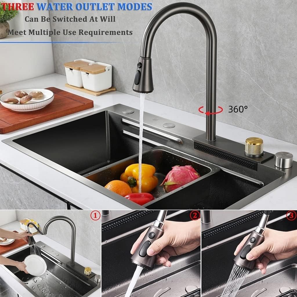 Kitchen Waterfall Sink Stainless Steel Single-Bowl Bar Prep Sink -Coated Workstation Sink with Waterfall Pull-Down Faucet and Cplete Accessory Set (Color : Black, Size : 68x45x21cm)