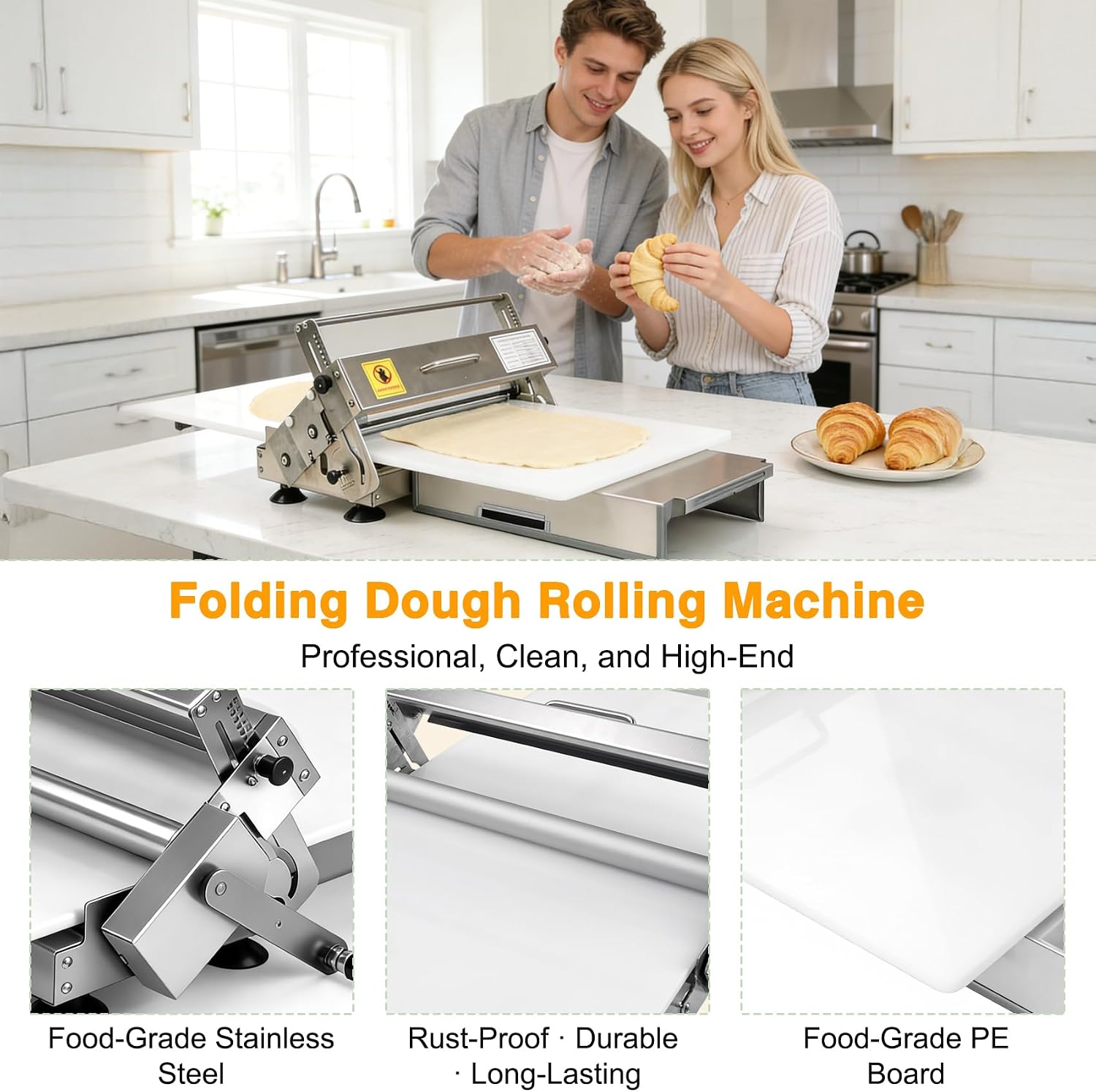 Foldable Dough Sheeter, Dough Laminator, Manual Dough Roller Machine with Adjustable Thickness, Stainless Steel Body, Food-Grade PE Panel,for Croissant, Pizza,Pasta,Eggs Tart,Space-Saving Kitchen Tool