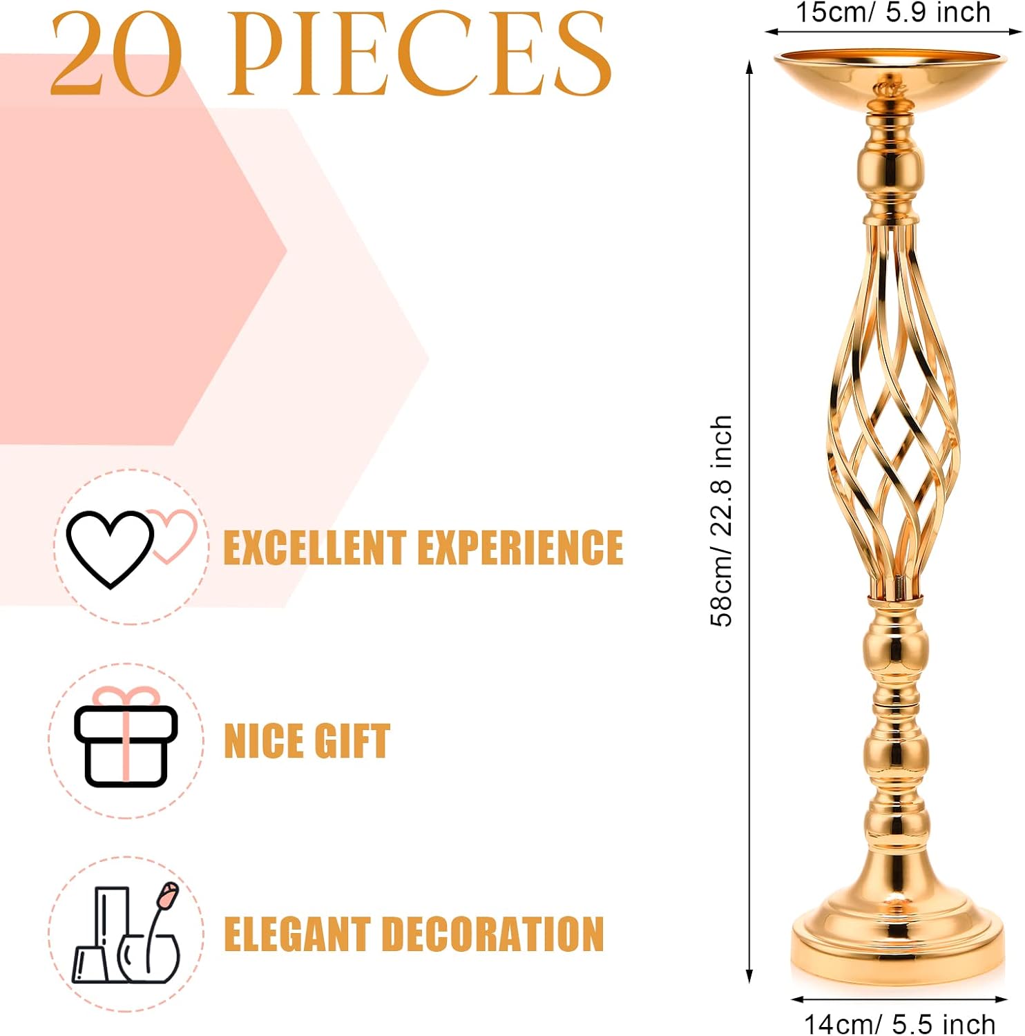 Rtteri 20 Pcs Large Wedding Centerpiece Table Decorations Tall Metal Flower Arrangement Stand Elegant Flower Vase Candle Holder for Wedding Reception Table Party Event Hotel Home Decor (Gold,Large)