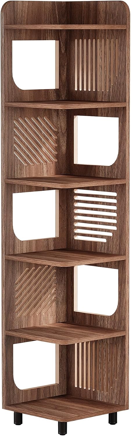 Tribesigns 6-Tier Corner Bookshelf, Tall Narrow Corner Shelf Bookcase with Hollow Design, Farmhouse Skinny Display Shelf for Living Room, Bedroom, Small Space, Brown