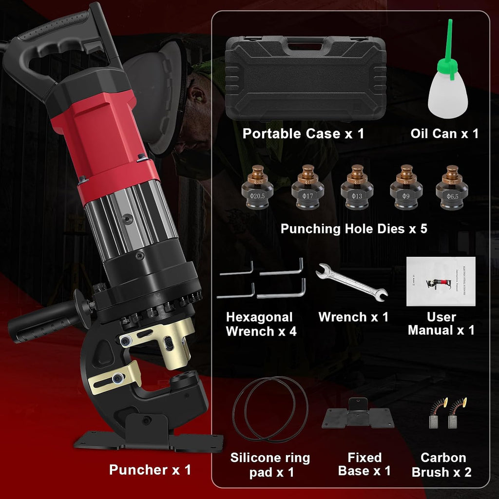 1400W Electric Hydraulic Hole Puncher, 22T Heavy Duty Hydraulic Hole Punch for Metal, Portable Punching Machine with 5 Dies - Precise Drilling for Aluminum Copper Plate Angle Iron Steel, MHP-20