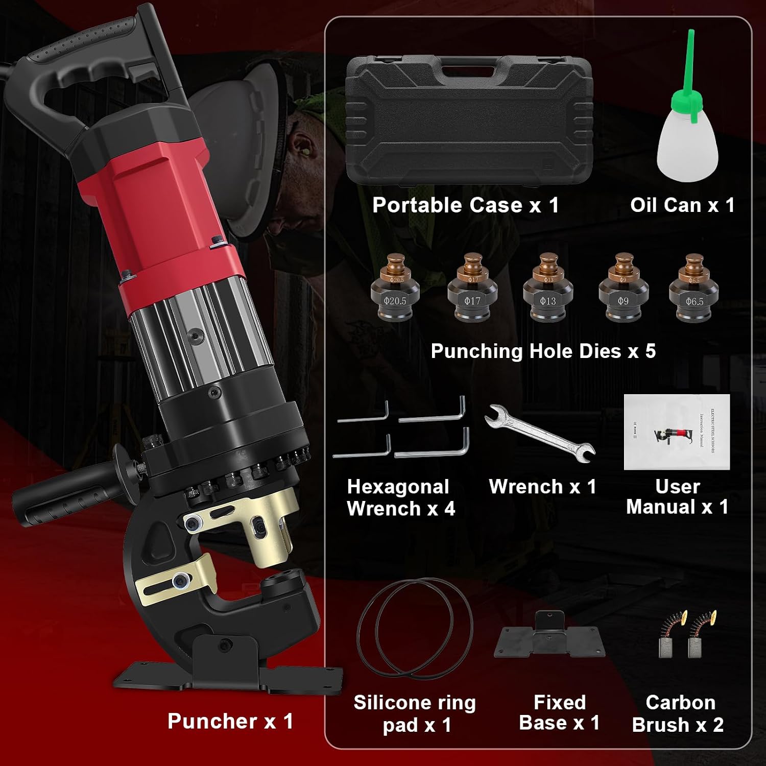 1400W Electric Hydraulic Hole Puncher, 22T Heavy Duty Hydraulic Hole Punch for Metal, Portable Punching Machine with 5 Dies - Precise Drilling for Aluminum Copper Plate Angle Iron Steel, MHP-20