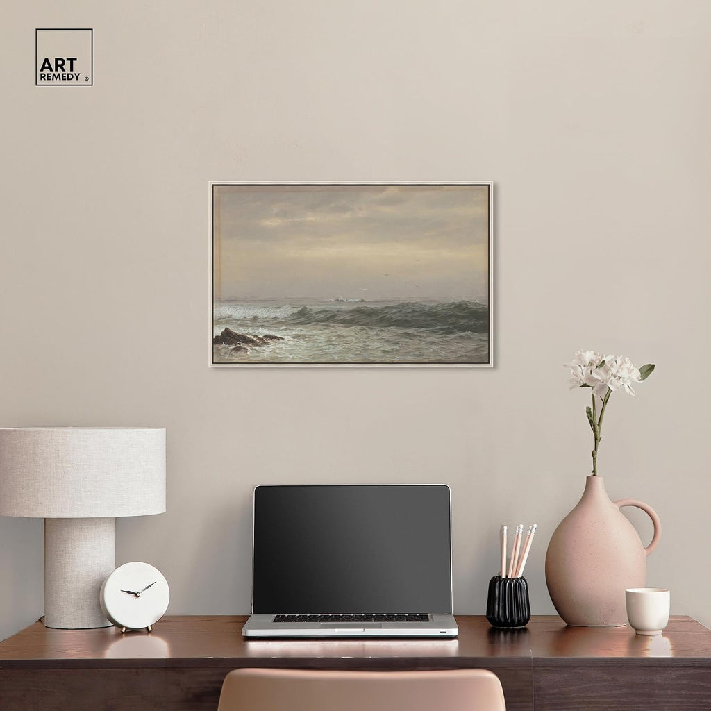 Art Remedy Rocks and Breaking Waves Canvas Coastal Classic Art, Silver Frame, 24' x 16'