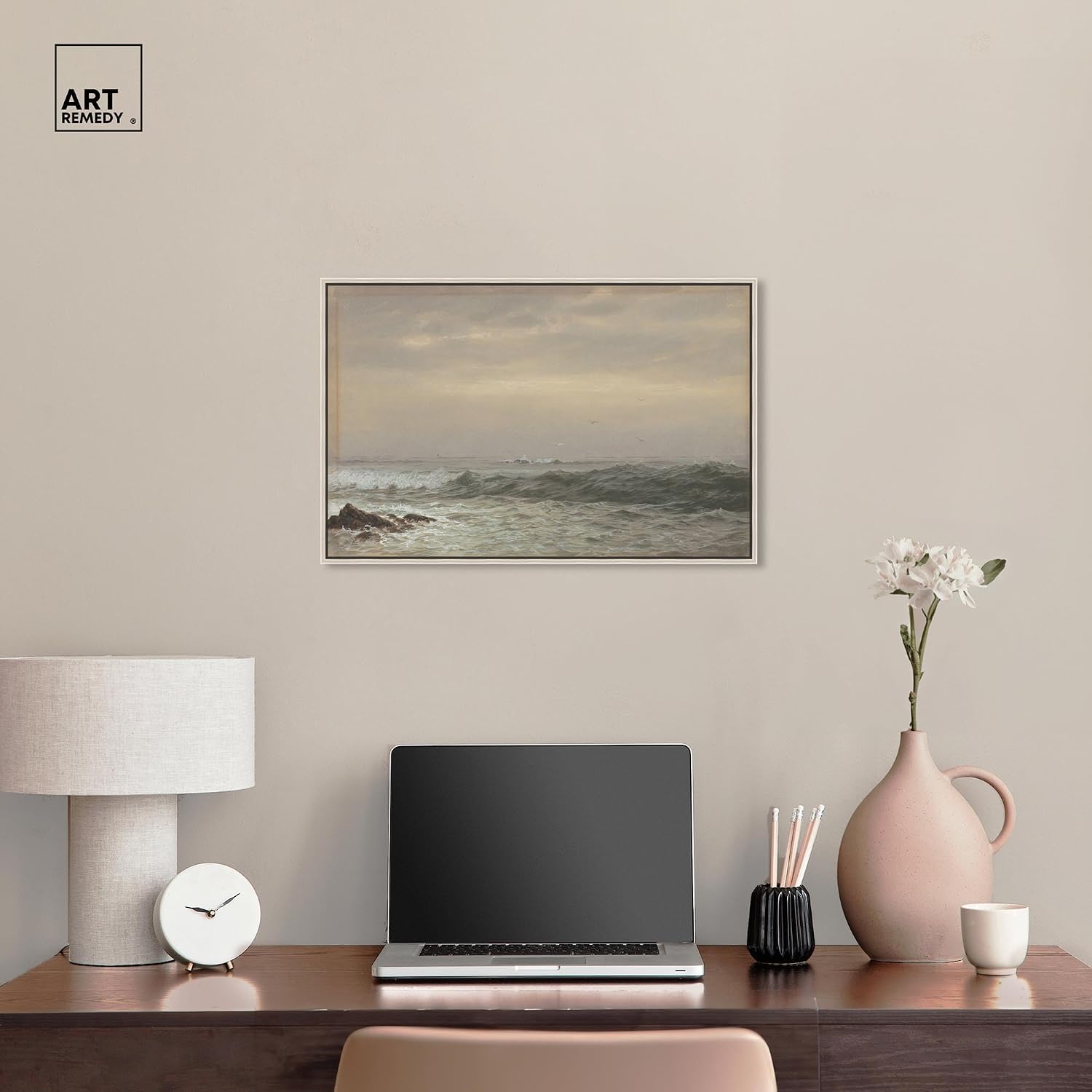 Art Remedy Rocks and Breaking Waves Canvas Coastal Classic Art, Silver Frame, 24' x 16'
