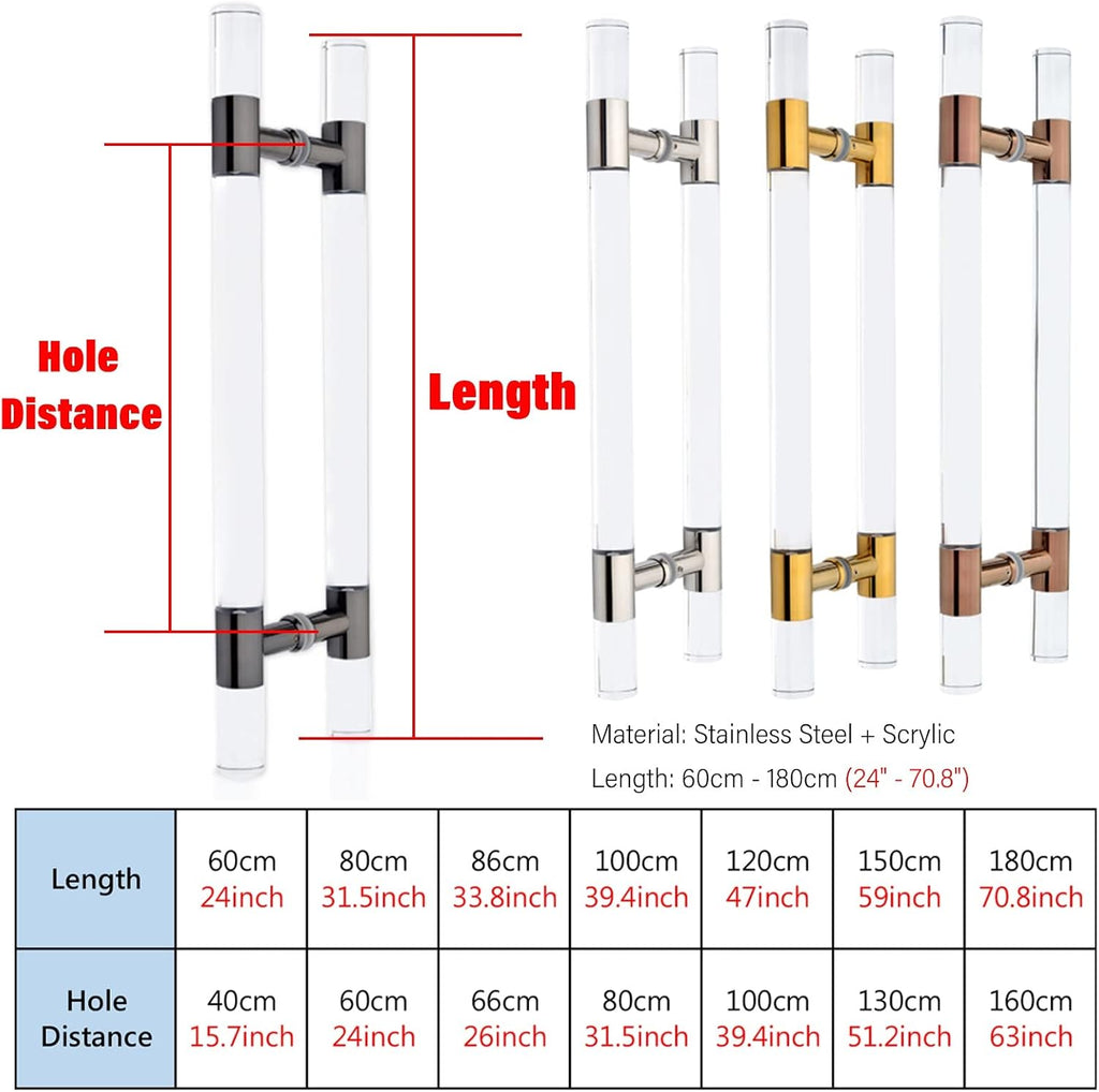 Rose Gold Clear Acrylic Door Handle - 47 Inch H Shape Pull Bar for Glass Sliding Gate, Double Sided Knobs with Screws, Perfect for Modern Home Décor (Rose Gold 60cm/24inch)