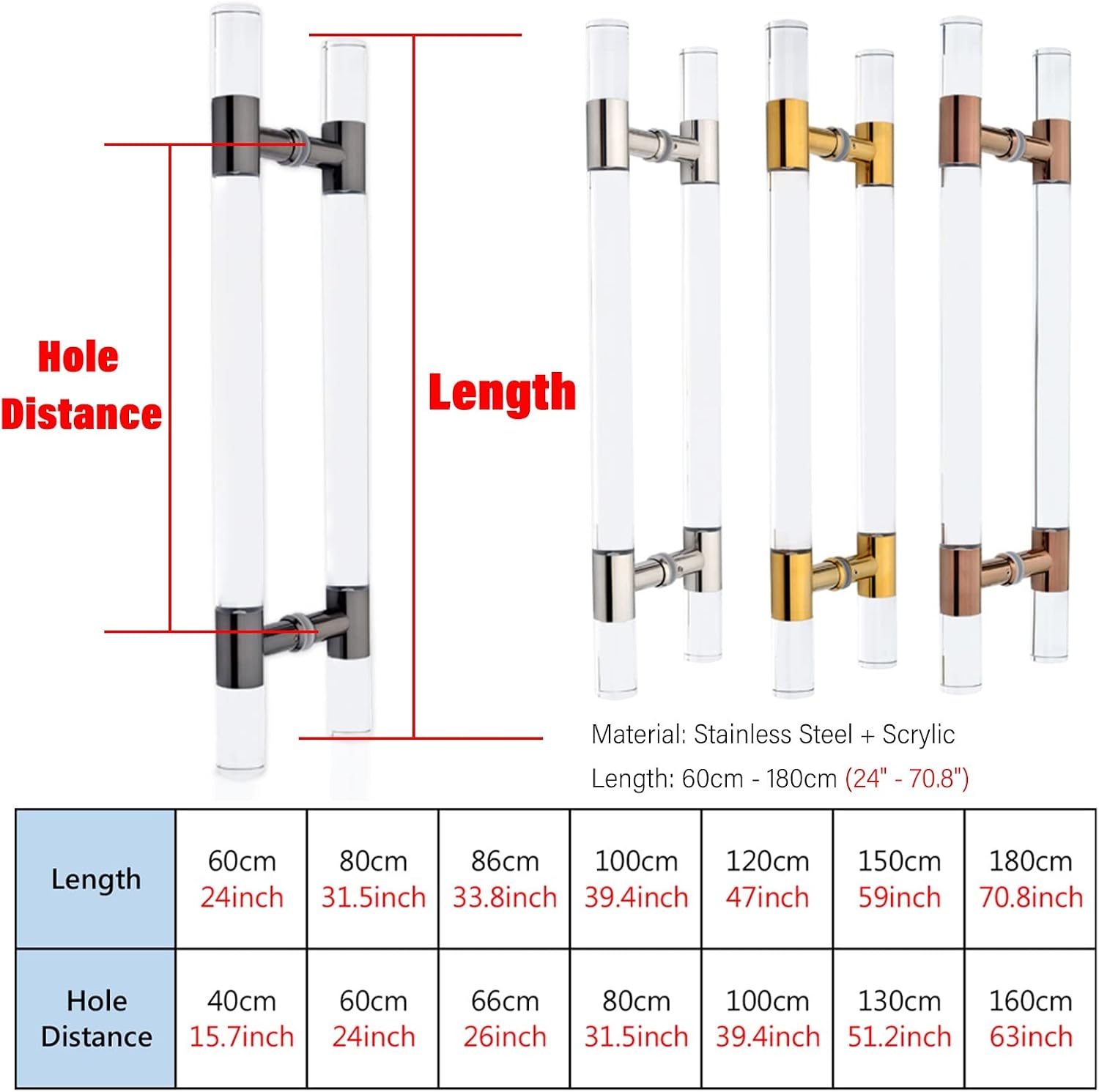 Clear Acrylic Door Handle,24 34 40 60 70 Inch Door Handle Hardware with Screws,Double Sided Knobs for Glass Sliding Gate (Color: Gold,Size: 60cm/24inch)