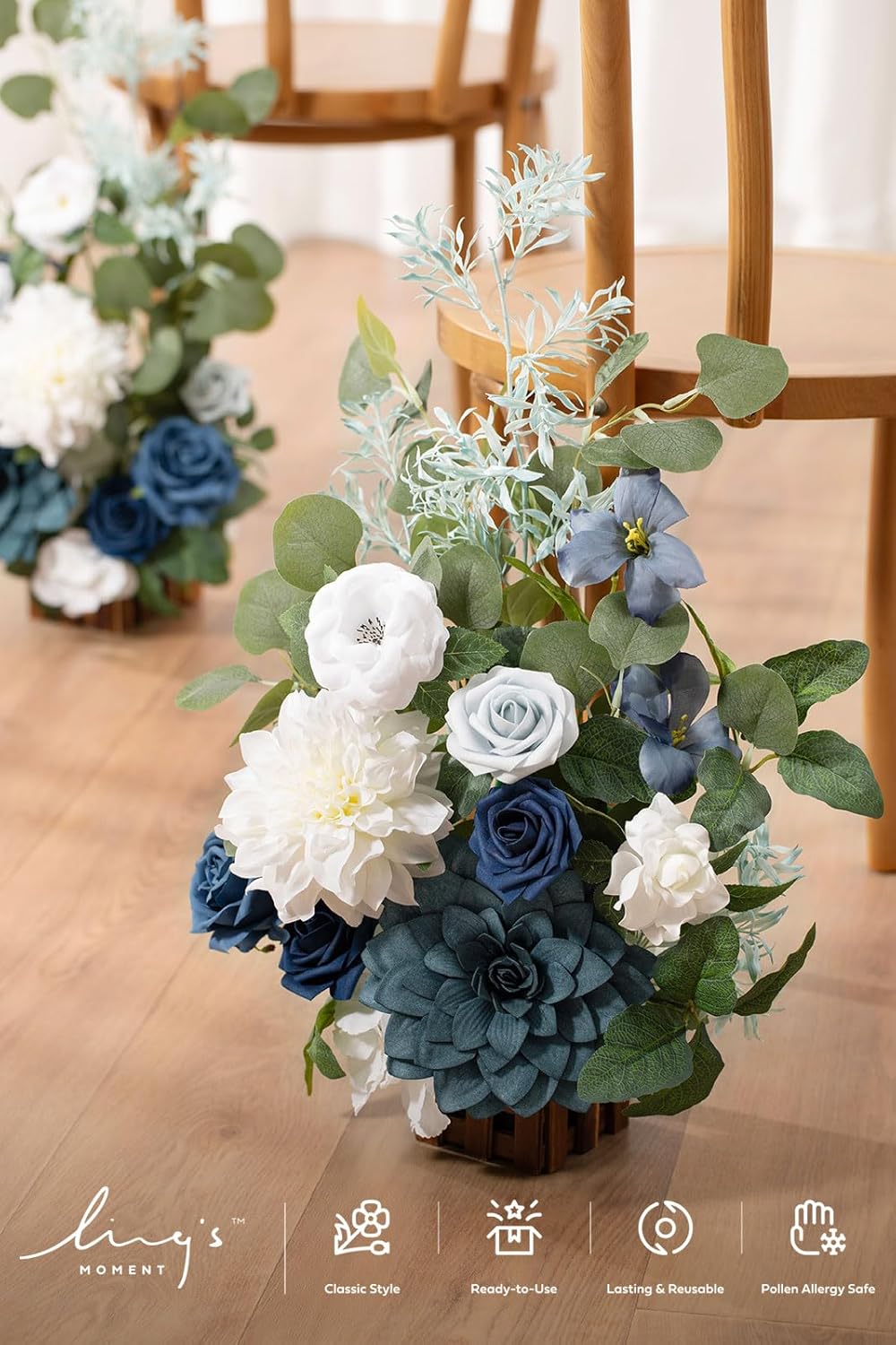 Ling's moment 17.5' Tall Standing Artificial Flowers Arrangements 4 pcs Wedding Aisle Runner Chair Decorations Dusty Blue Navy Centerpieces for Ceremony Reception Rose Floral Party Outdoor