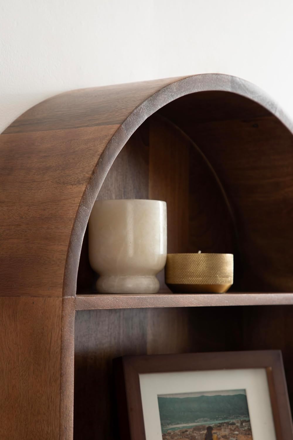 Kate and Laurel Arcott Modern Arched Wall Shelf, 18 x 26, Walnut Brown, Transitional Arch Wall Shelves for Over-the-Toilet Storage or Entryway Storage Shelf