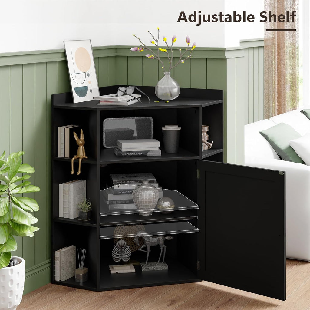 Halitaa Corner Storage Cabinet, Farmhouse Corner Bookshelf with Storage 6-Cubby Wooden Cabinet with USB Ports and Outlets Industrial Organizer for Small Space, Study, Playroom, Living Room, Black
