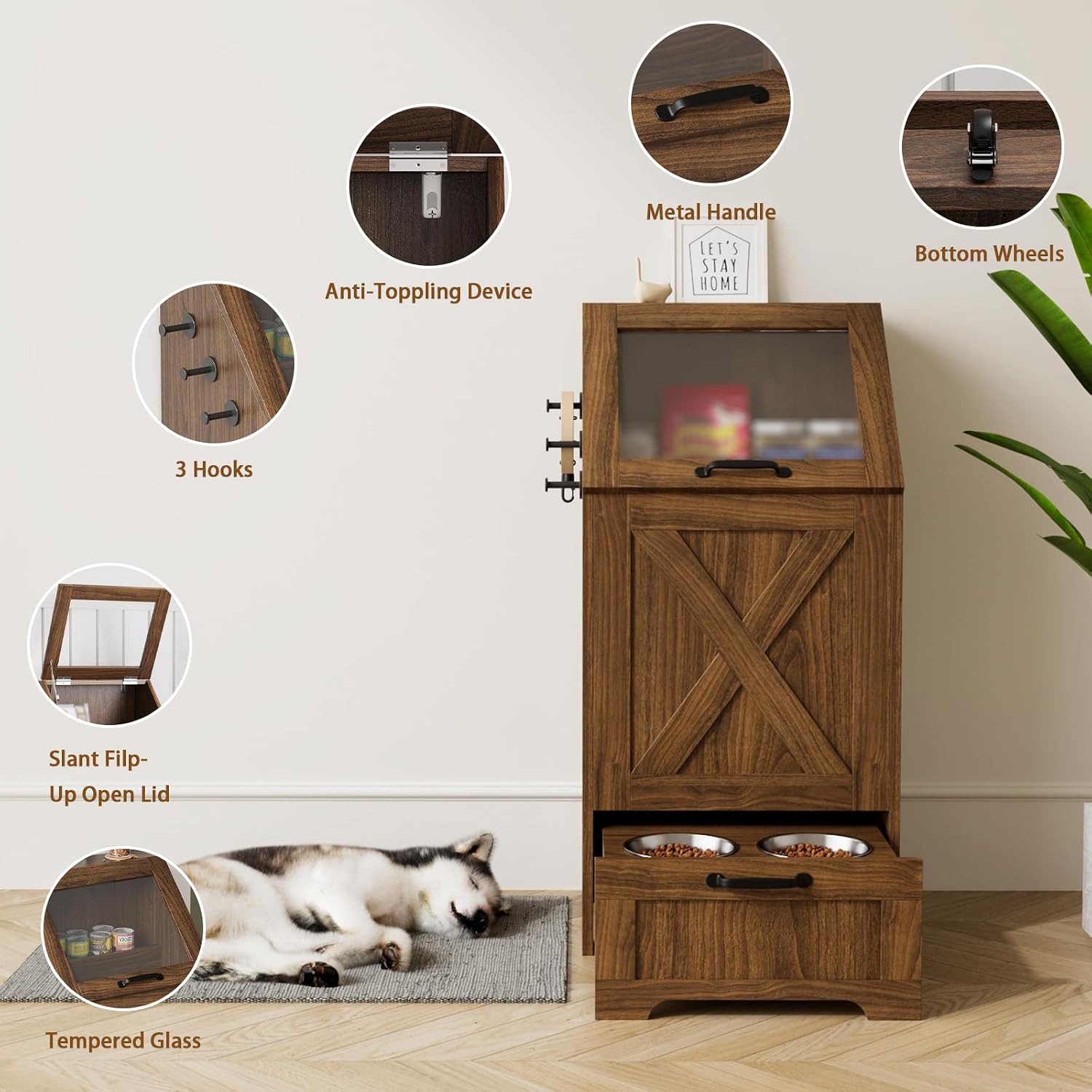 Dog Feeding Station with Storage,Wooden Pet Food Storage Cabinet,Equipped with 2 High Footed Bowls and 3 Hooks,Top Glass Flip Cover,Anti Tipping Device (Dog Feeding Station-Walnut)