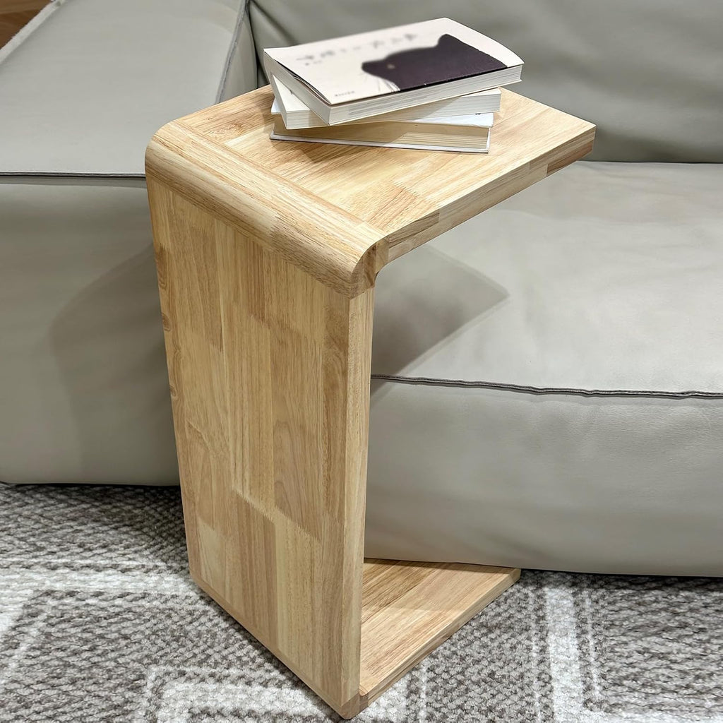 C-Shaped Side Table, Solid Wood End Table for Couch Sofa and Bed, Wooden C Tables for Living Room Bedroom, Small Snack Tray Table for Space Saving (1, 24.4' H-Brown)
