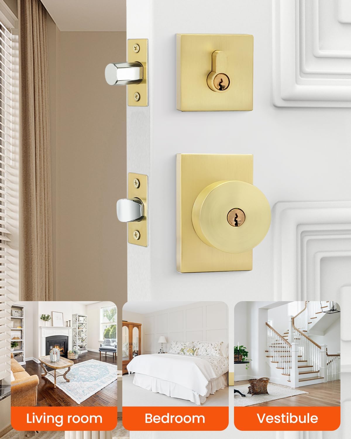Haidms Gold Exterior Door Knob with Deadbolt, Zinc Alloy Brushed Gold Exterior Door Lock Set, Heavy Duty Brushed Brass Front Door Knob and Deadbolt Set with Lock and Key (3 Pack)