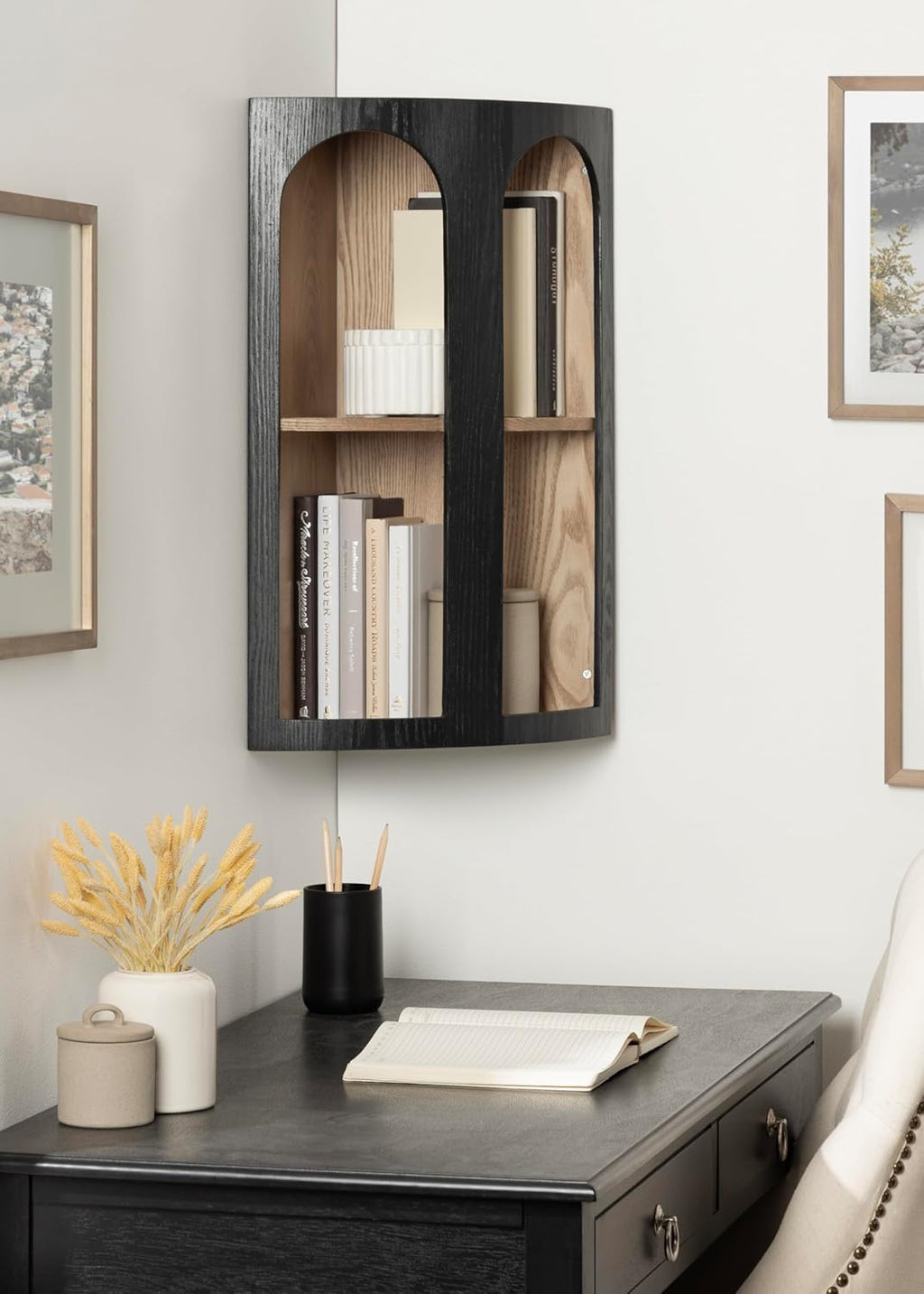 Kate and Laurel Elloree Modern Corner Shelf Cabinet for Storage and Display; 16 x 11 x 24; Black and Natural; Transitional Corner Storage for Use as Living Room Shelving or Bedroom Storage Design