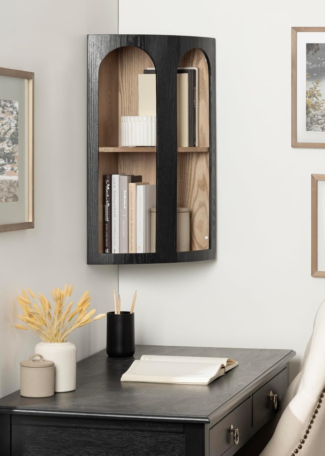 Kate and Laurel Elloree Modern Corner Shelf Cabinet for Storage and Display; 16 x 11 x 24; Black and Natural; Transitional Corner Storage for Use as Living Room Shelving or Bedroom Storage Design
