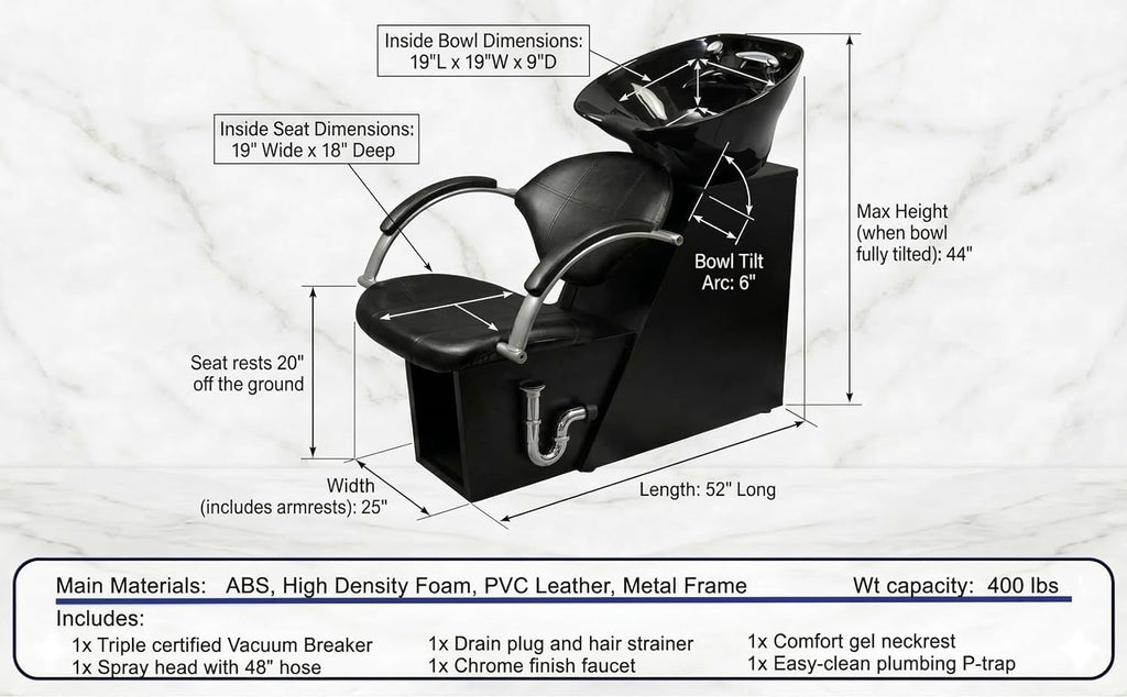 Professional Salon Shampoo Backwash Unit with Adjustable Tilt ABS Bowl, Triple Certified Vacuum Breaker, Includes 6 Microfiber Towels