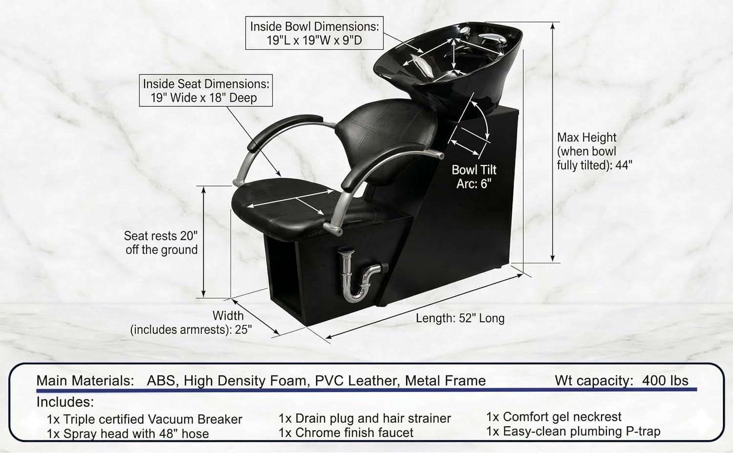 Professional Salon Shampoo Backwash Unit with Adjustable Tilt ABS Bowl, Triple Certified Vacuum Breaker, Includes 6 Microfiber Towels