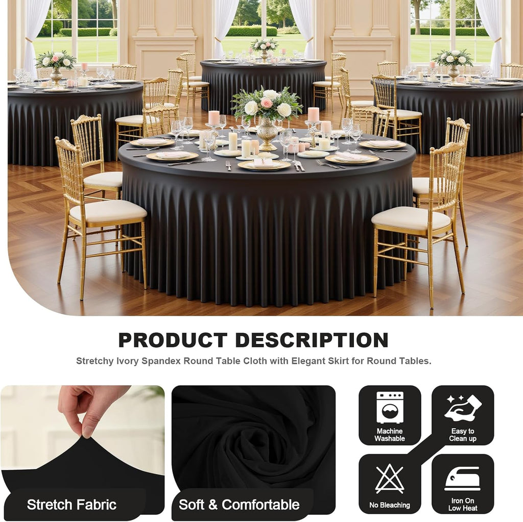 12 Pack 60 Inch Black Round Tablecloth with Skirt, Fitted Table Cover for 5FT Tables, Wrinkle Resistant and Washable Table Cloth for Wedding Party Banquet Buffet Indoor Outdoor Events