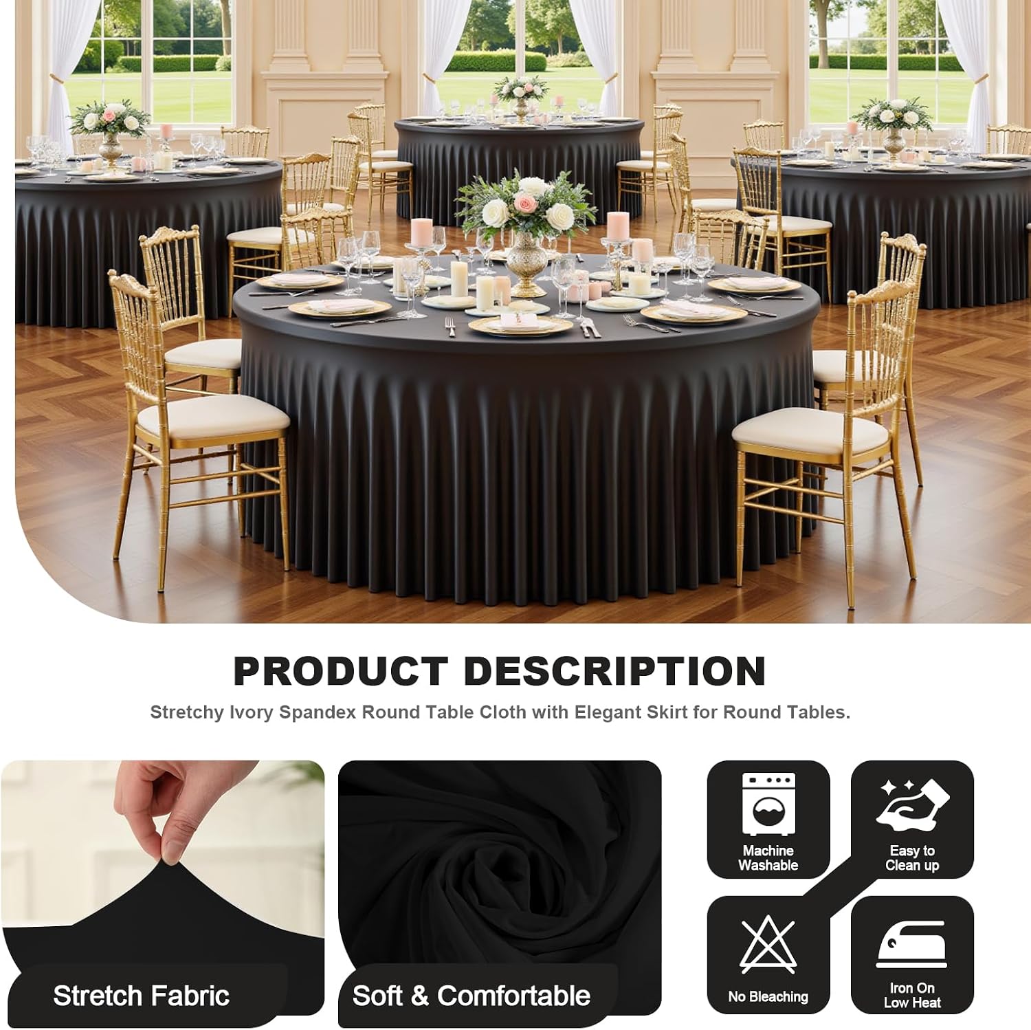 12 Pack 60 Inch Black Round Tablecloth with Skirt, Fitted Table Cover for 5FT Tables, Wrinkle Resistant and Washable Table Cloth for Wedding Party Banquet Buffet Indoor Outdoor Events