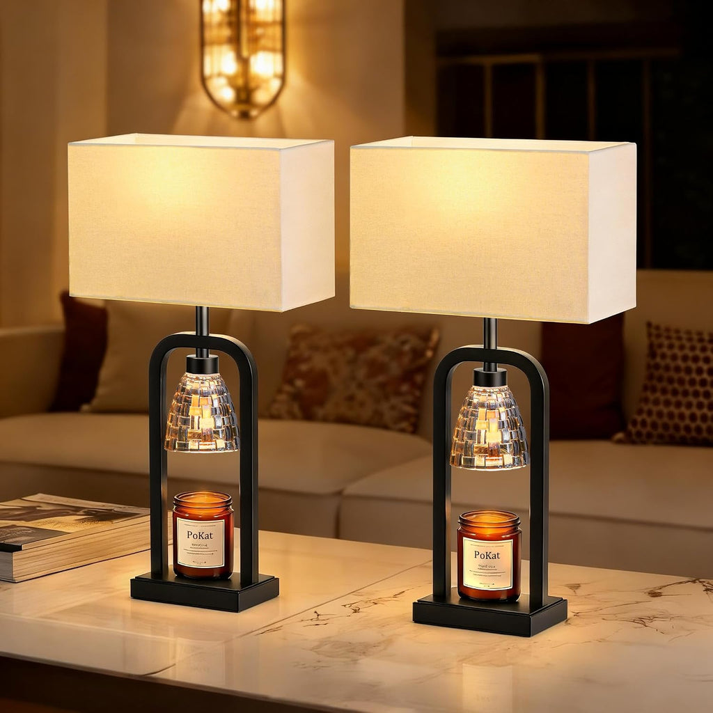PoKat Bedside Table Lamps with Candle Warmer & Timer for Bedroom, Farmhouse Lamps Set of 2 for Night Stands, 21.5'' Bedroom Lamps Decor for Living Room, Side Table, Hallway, Bulbs Included, Black