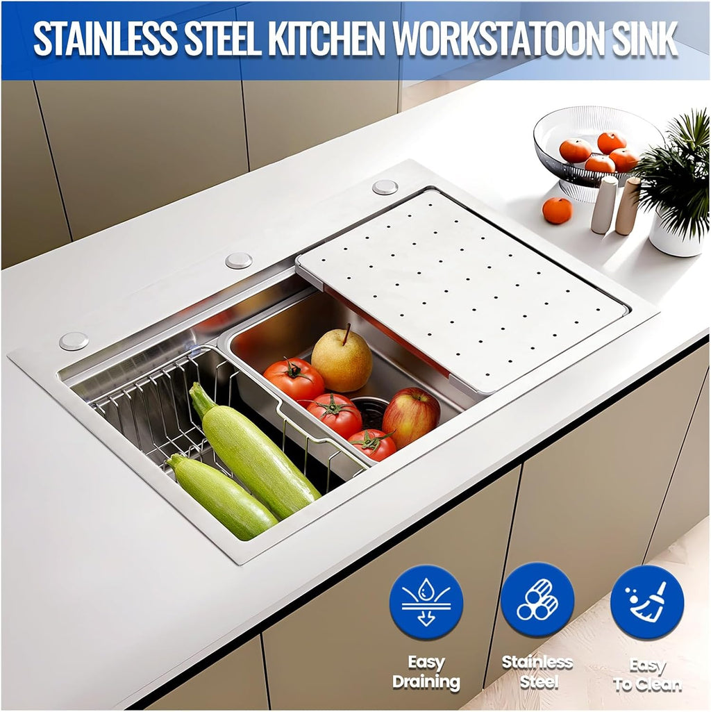 Large Kitchen Sink, With Drain Kits, 304 Stainless Steel, Heavy Duty Kitchen Bar Sink, Single Bowl Sink, For Drop In, Undermount(B,60x50x22cm)