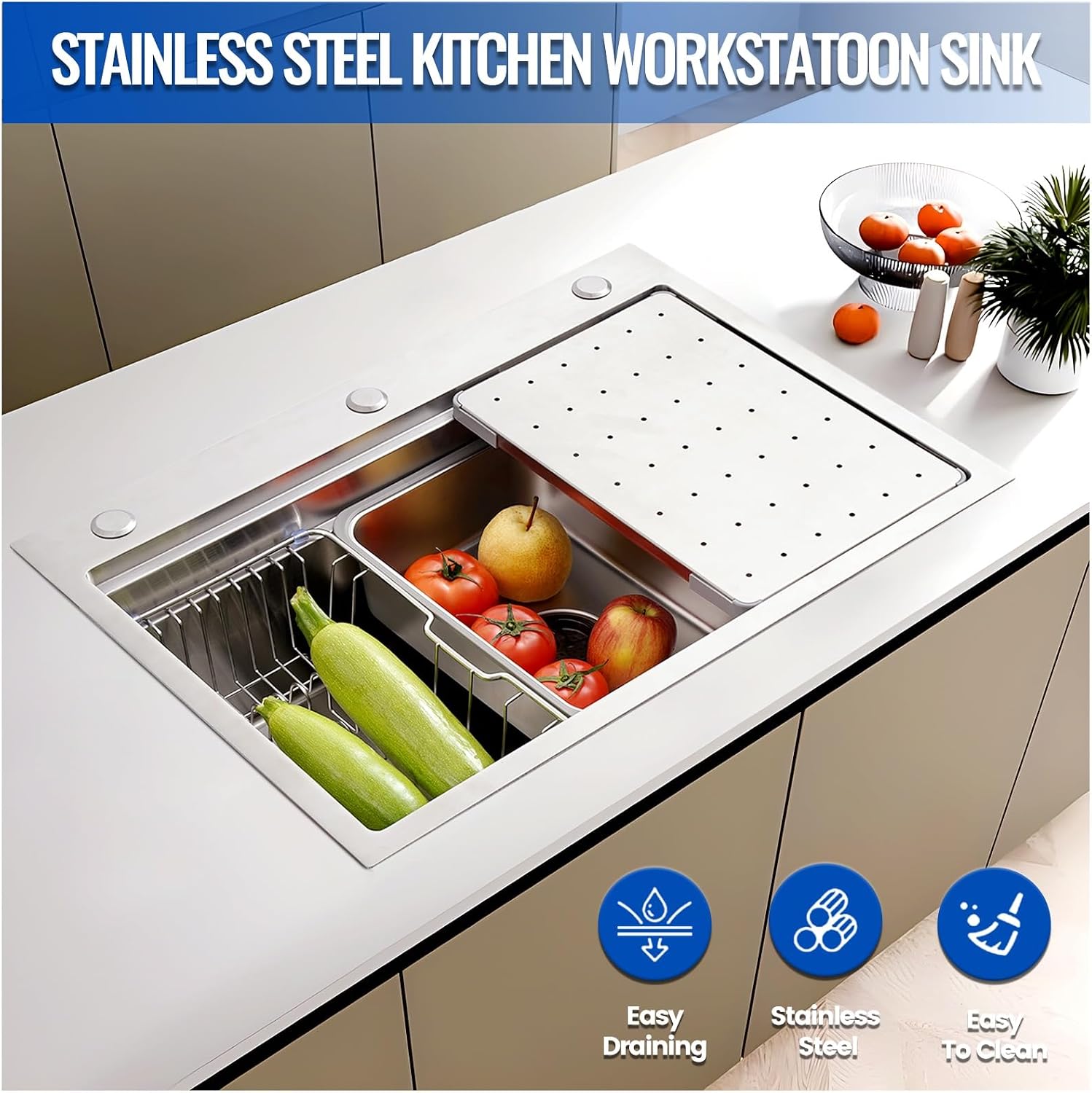 Large Kitchen Sink, With Drain Kits, 304 Stainless Steel, Heavy Duty Kitchen Bar Sink, Single Bowl Sink, For Drop In, Undermount(B,70x50x22cm)